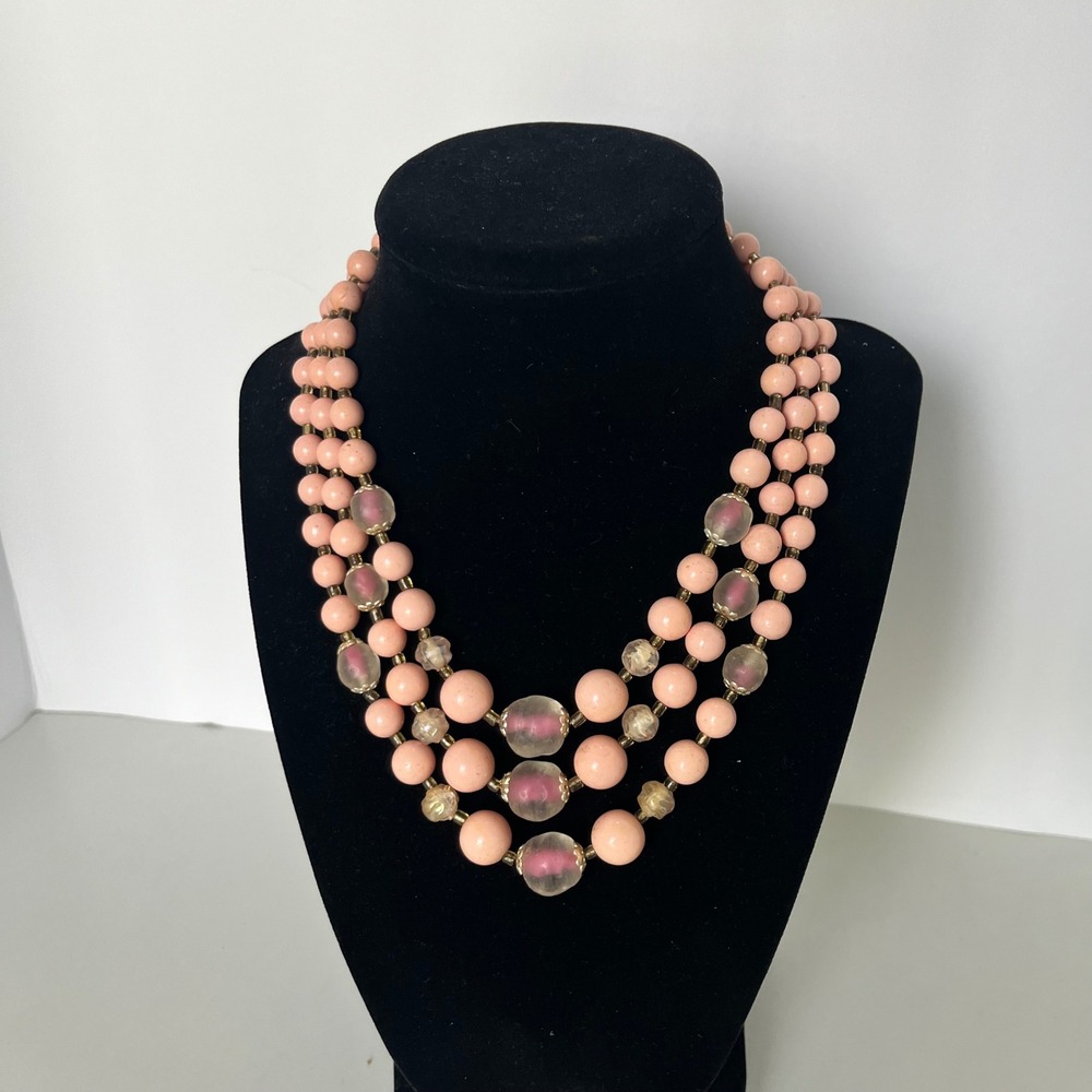 Vintage Japan Pink Multi Strand Beaded Necklace Art Glass Mid Century Modern